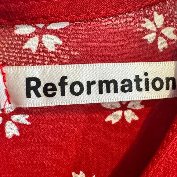 Reformation Floral Puff Sleeve Bard Mini Dress Red Back Tie Button Sz 12 - Picture 6 of 12